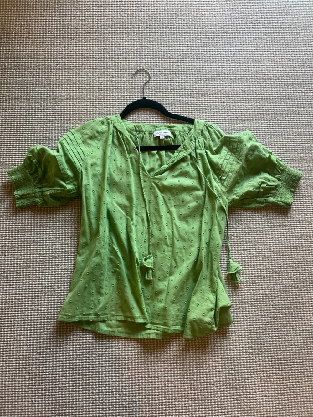Light Green Eyelet Peasant Blouse with Tie Neck